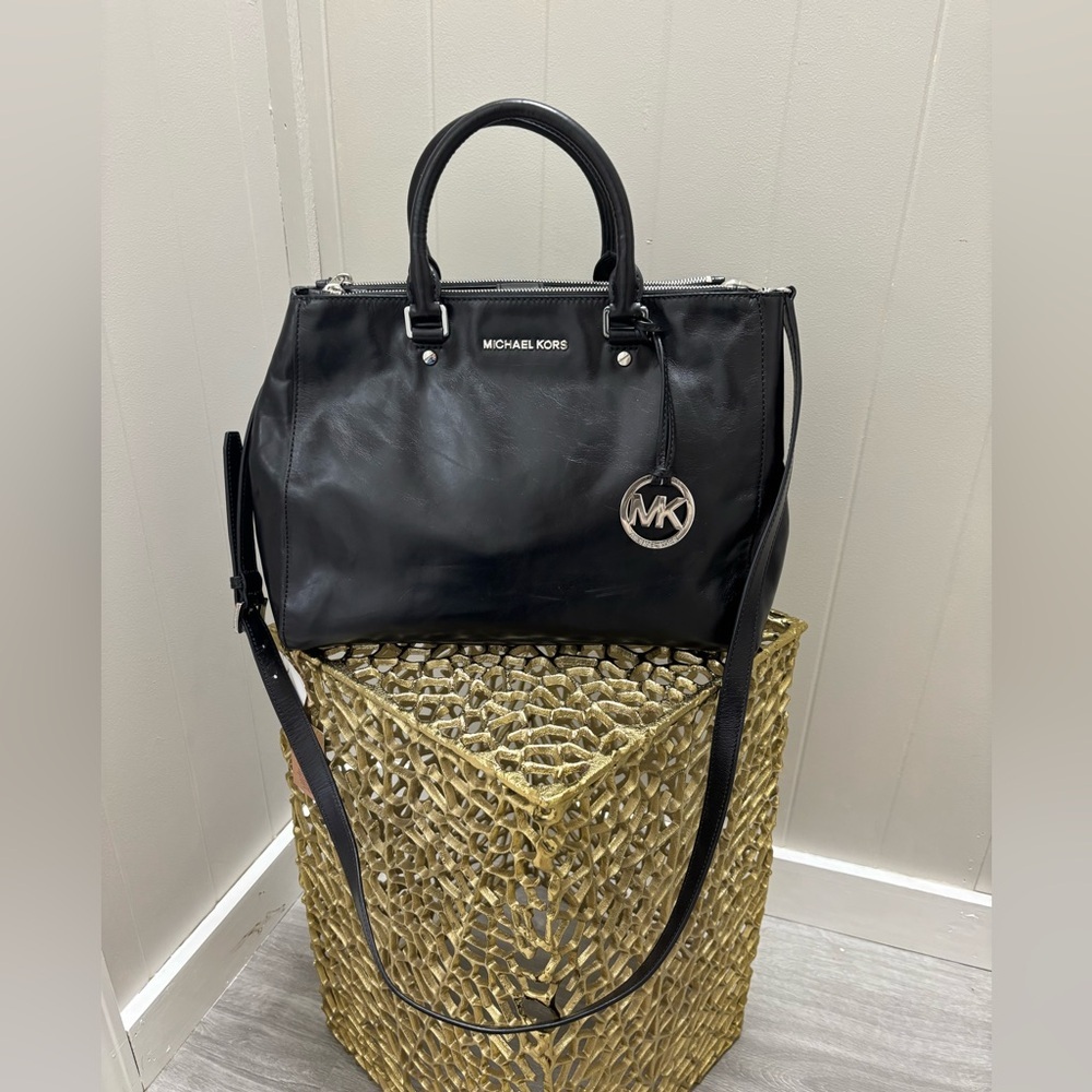 Michael Kors Black Leather Tote with Silver Charm